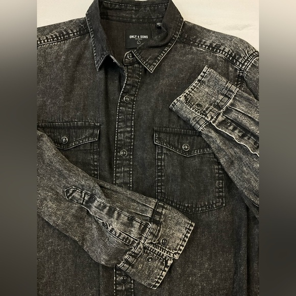 ONLY & SONS Men's Medium Soft Faded Black Denim 100% Cotton Shirt Slim Fit - Picture 5 of 11